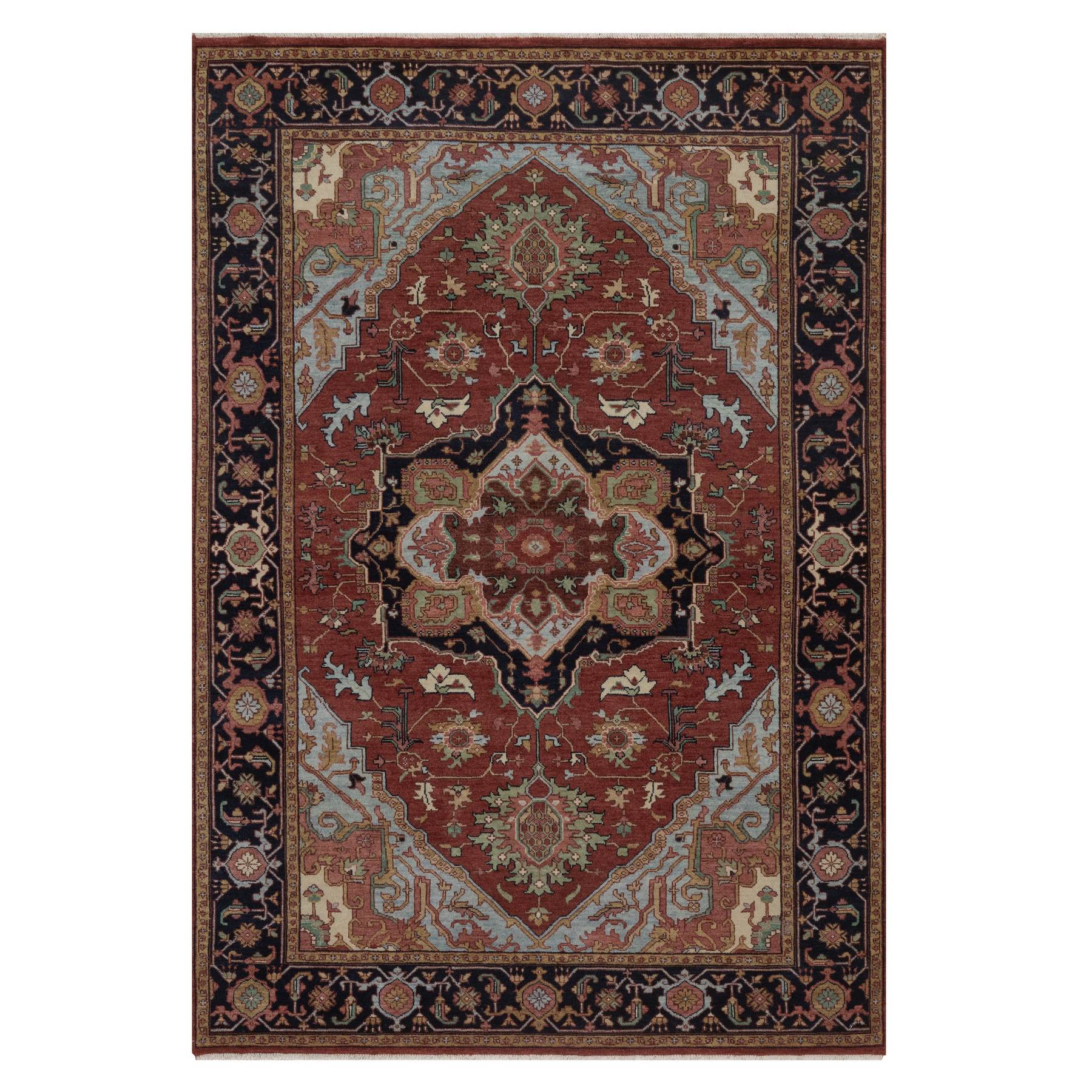 5'x7'3" Barn Red, Antiqued Fine Heriz Re-Creation, Medallion Design, Hand Knotted, Hand Spun New Zealand Wool, Denser Weave, Soft Pile, Vegetable Dyes, Oriental Rug 